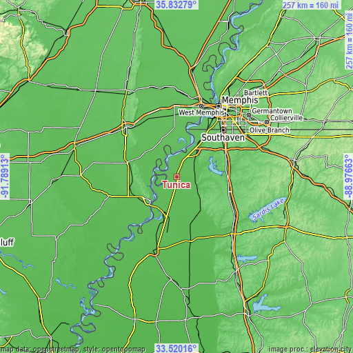 Topographic map of Tunica