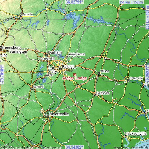 Topographic map of Archer Lodge