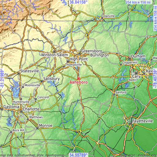 Topographic map of Asheboro