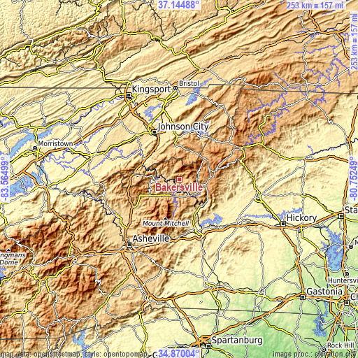 Topographic map of Bakersville