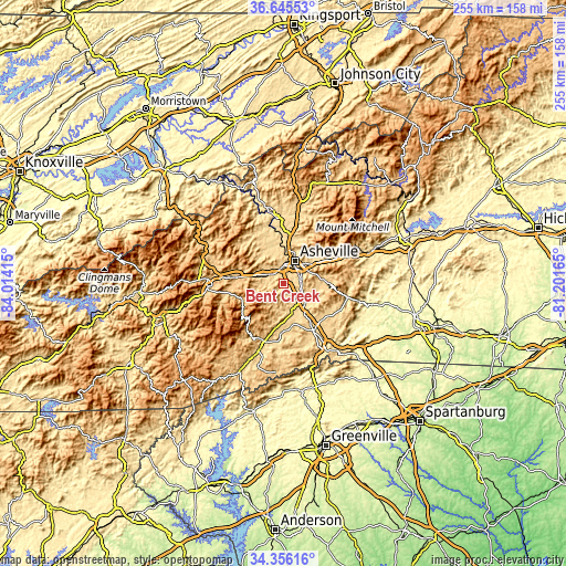 Topographic map of Bent Creek