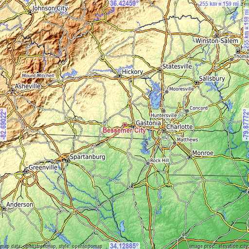 Topographic map of Bessemer City