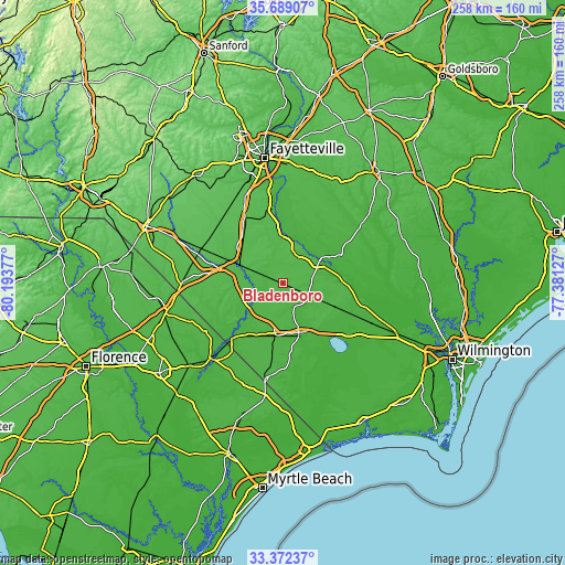 Topographic map of Bladenboro