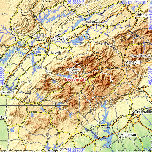 Topographic map of Bryson City