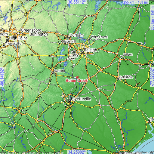 Topographic map of Buies Creek