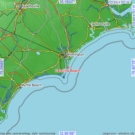 Topographic map of Carolina Beach