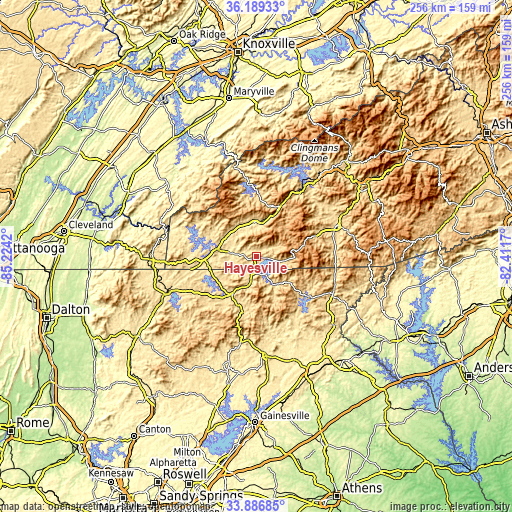 Topographic map of Hayesville