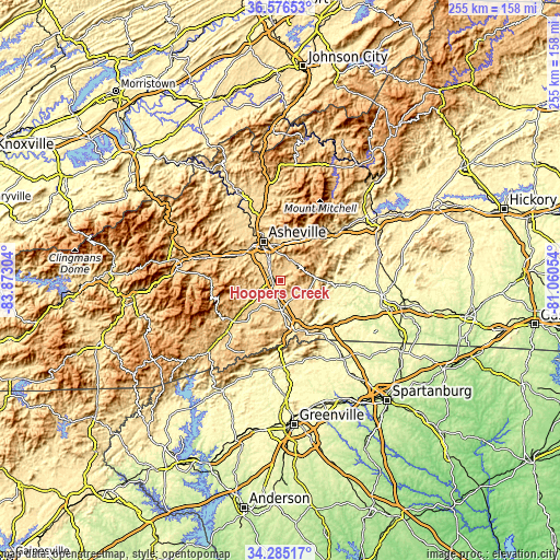 Topographic map of Hoopers Creek