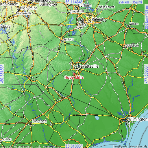 Topographic map of Hope Mills