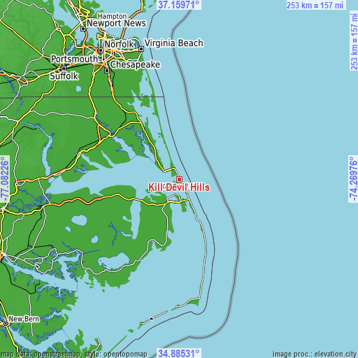 Topographic map of Kill Devil Hills