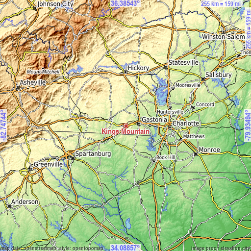 Topographic map of Kings Mountain