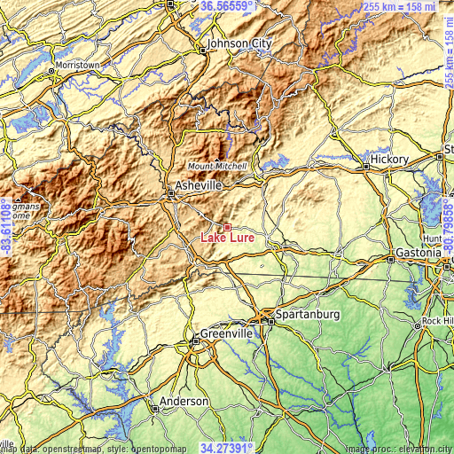 Topographic map of Lake Lure