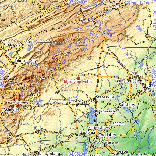 Topographic map of Moravian Falls