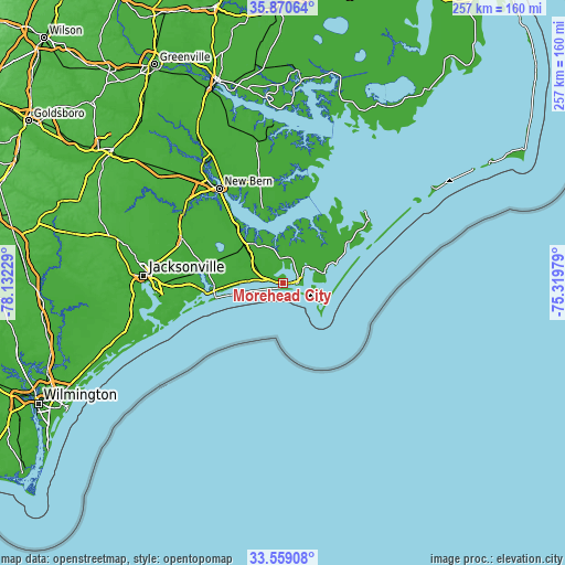 Topographic map of Morehead City