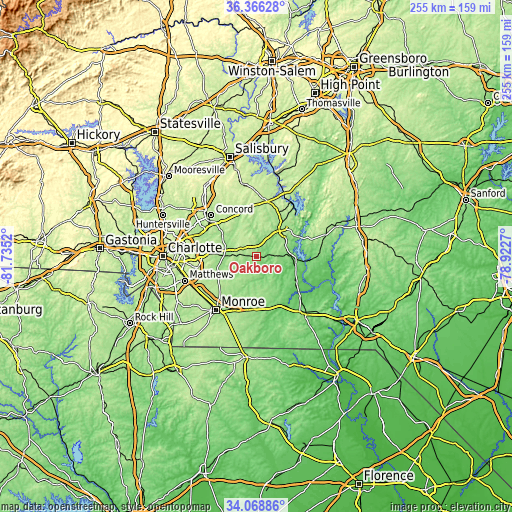 Topographic map of Oakboro