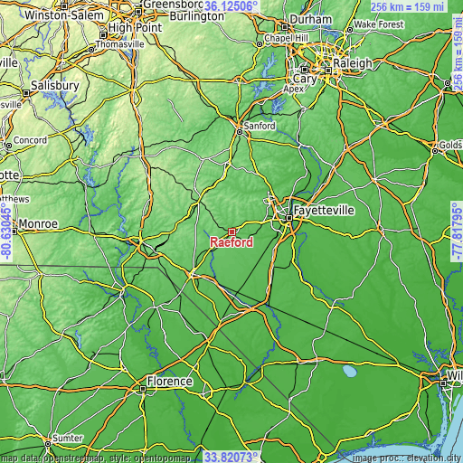 Topographic map of Raeford