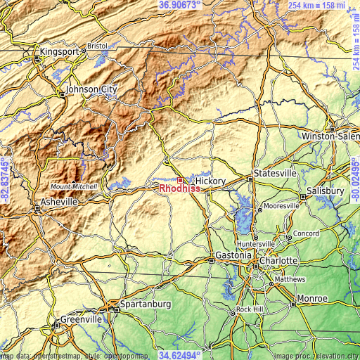 Topographic map of Rhodhiss