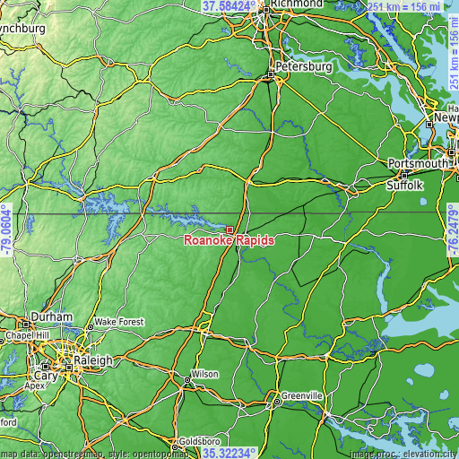 Topographic map of Roanoke Rapids