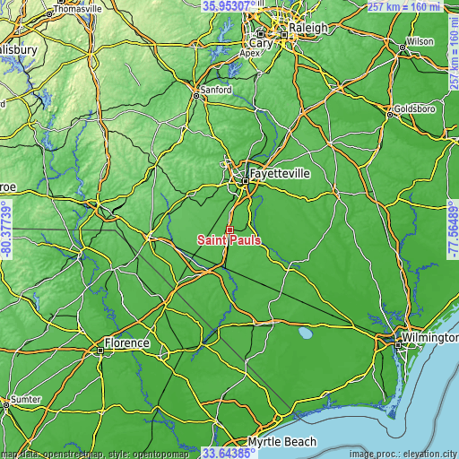 Topographic map of Saint Pauls