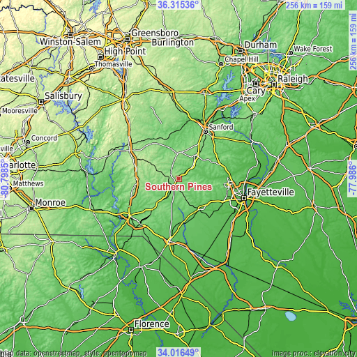 Topographic map of Southern Pines