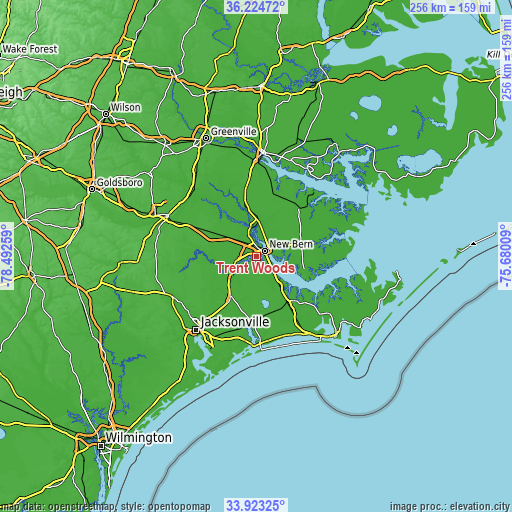 Topographic map of Trent Woods