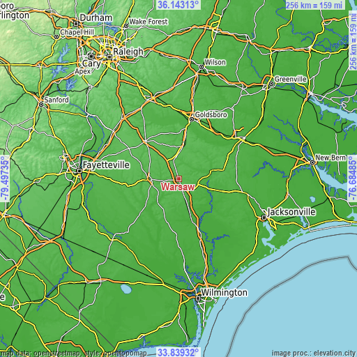 Topographic map of Warsaw