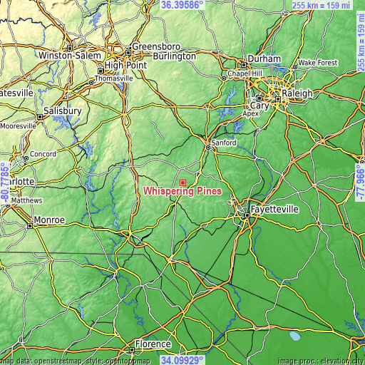 Topographic map of Whispering Pines