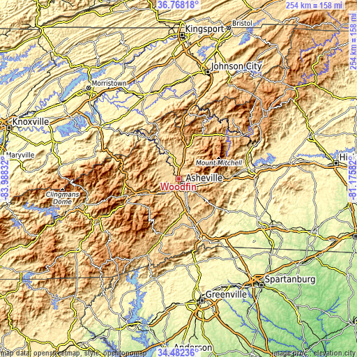 Topographic map of Woodfin