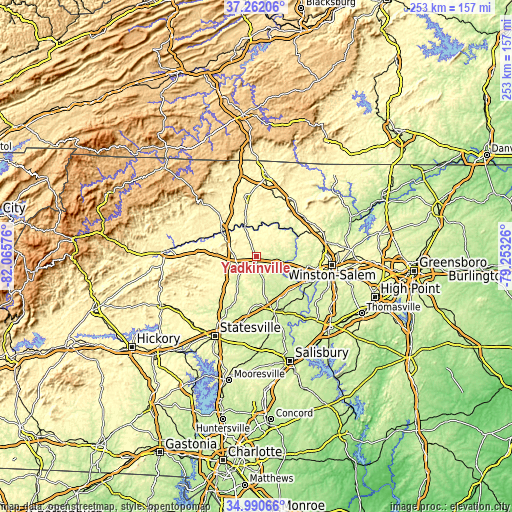 Topographic map of Yadkinville
