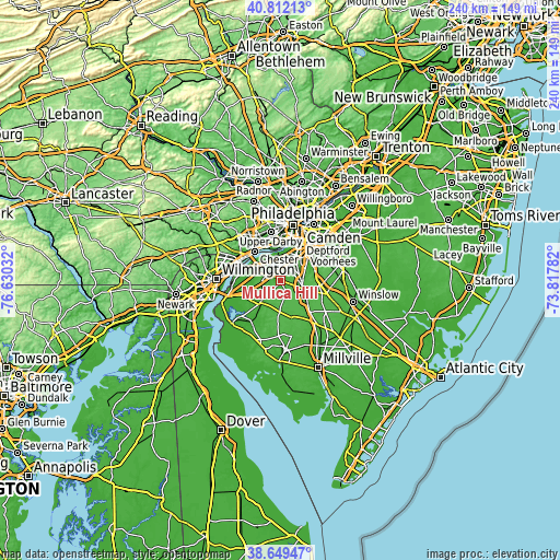 Topographic map of Mullica Hill