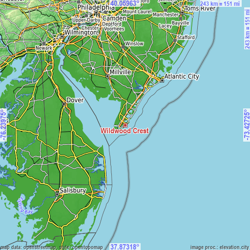 Topographic map of Wildwood Crest