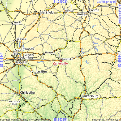 Topographic map of Zanesville