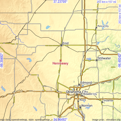 Topographic map of Hennessey