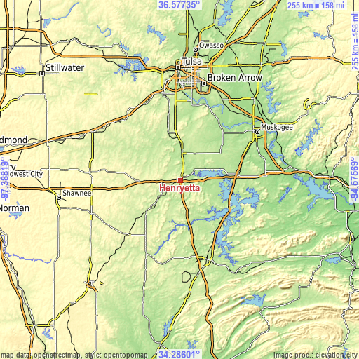 Topographic map of Henryetta