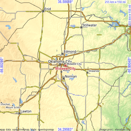 Topographic map of Midwest City
