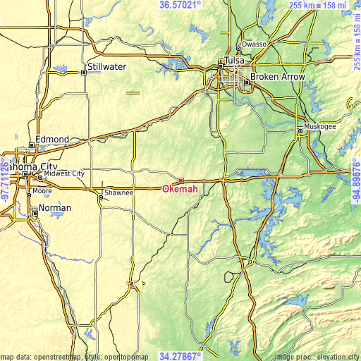 Topographic map of Okemah