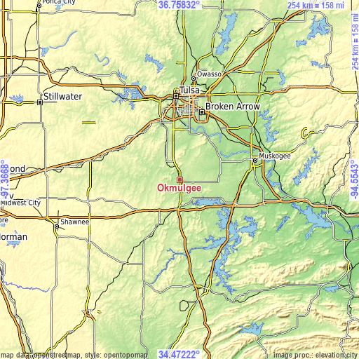 Topographic map of Okmulgee