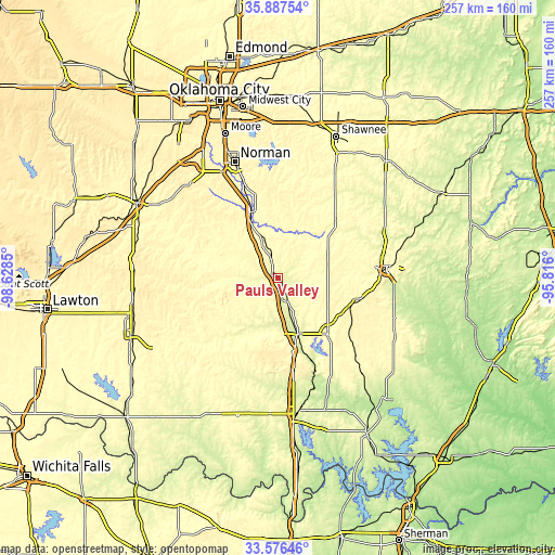 Topographic map of Pauls Valley