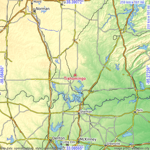 Topographic map of Tishomingo