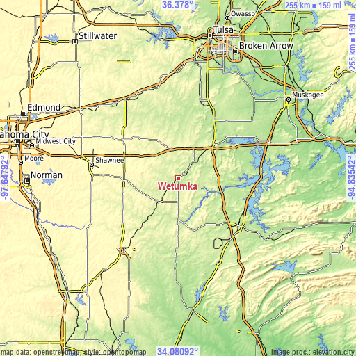 Topographic map of Wetumka