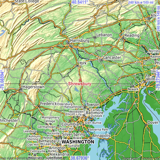 Topographic map of Shrewsbury