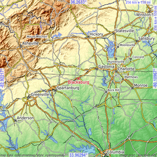 Topographic map of Blacksburg