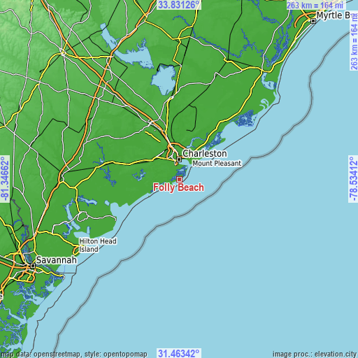 Topographic map of Folly Beach