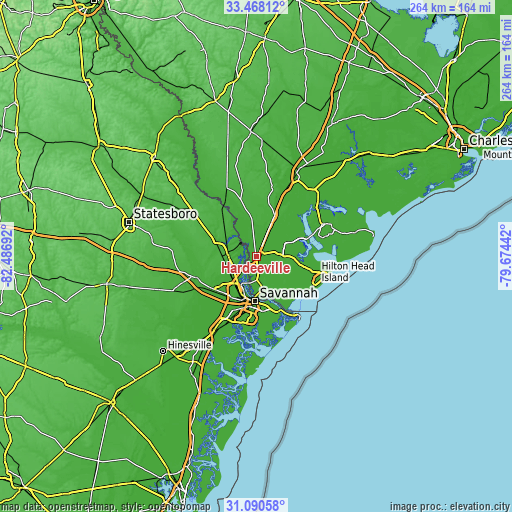 Topographic map of Hardeeville