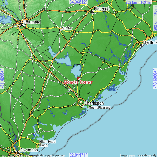 Topographic map of Moncks Corner