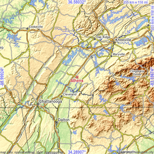 Topographic map of Athens