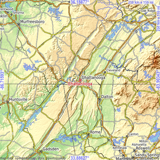 Topographic map of Chattanooga