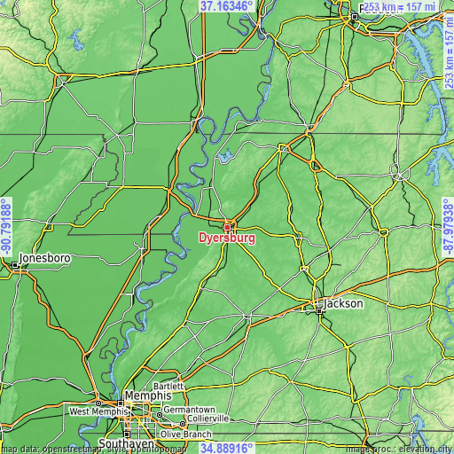 Topographic map of Dyersburg