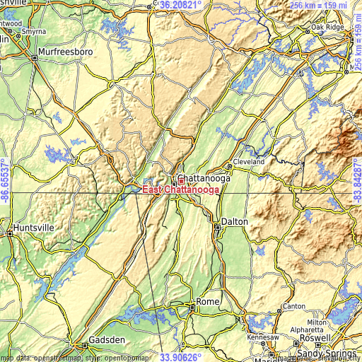 Topographic map of East Chattanooga