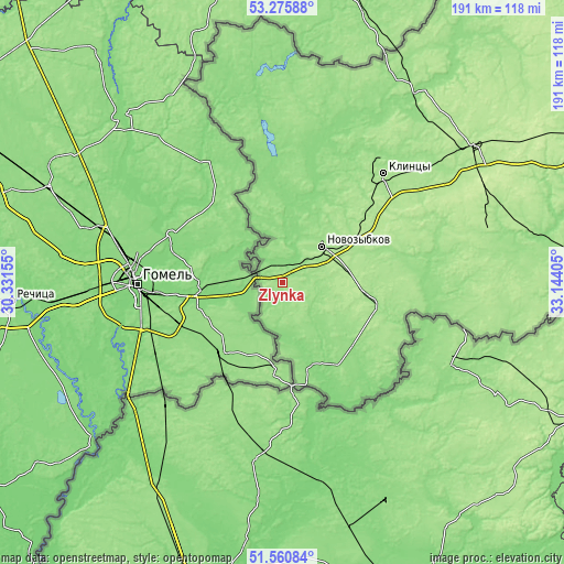 Topographic map of Zlynka